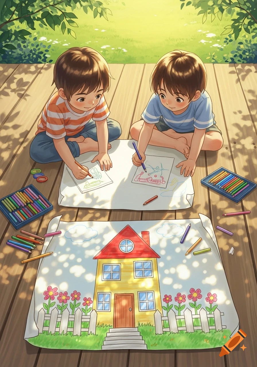 Two young boys in an anime illustration draw on paper with colored pencils on a sunny wooden deck, a large drawing of a house visible.