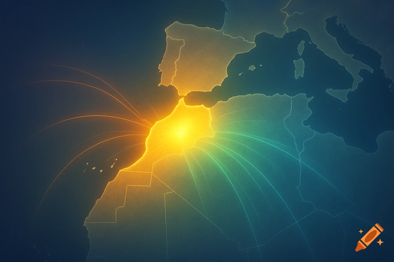 Stylized map of North Africa and Southern Europe with Morocco highlighted by a golden glow and radiating lines.