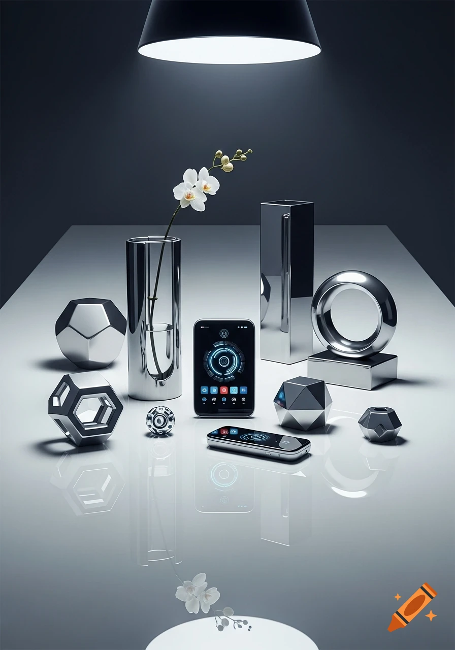 A minimalist still life featuring chrome geometric objects, a white orchid in a vase, and two smartphones with glowing interfaces on a reflective white table under a lamp.