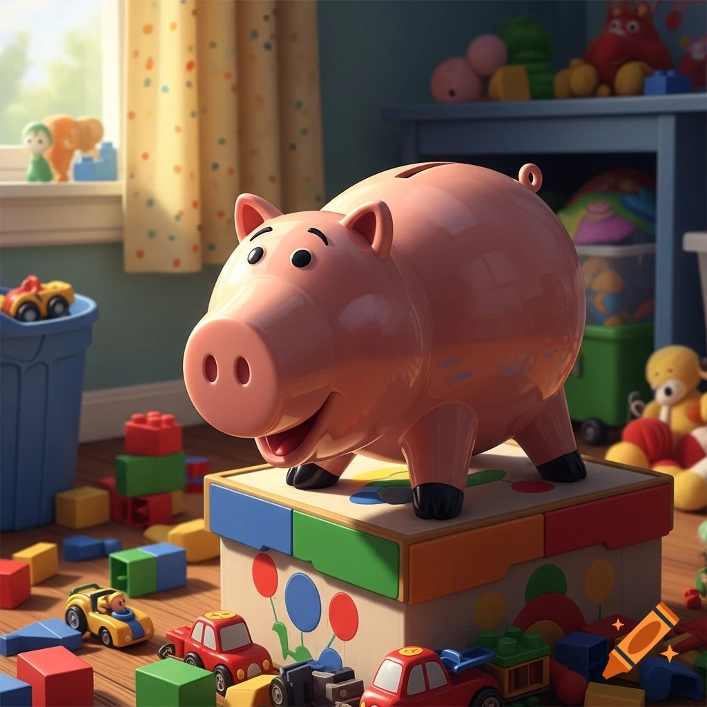 A pink piggy bank, Hamm from Toy Story, stands on a colorful toy box in a child's room filled with toys.