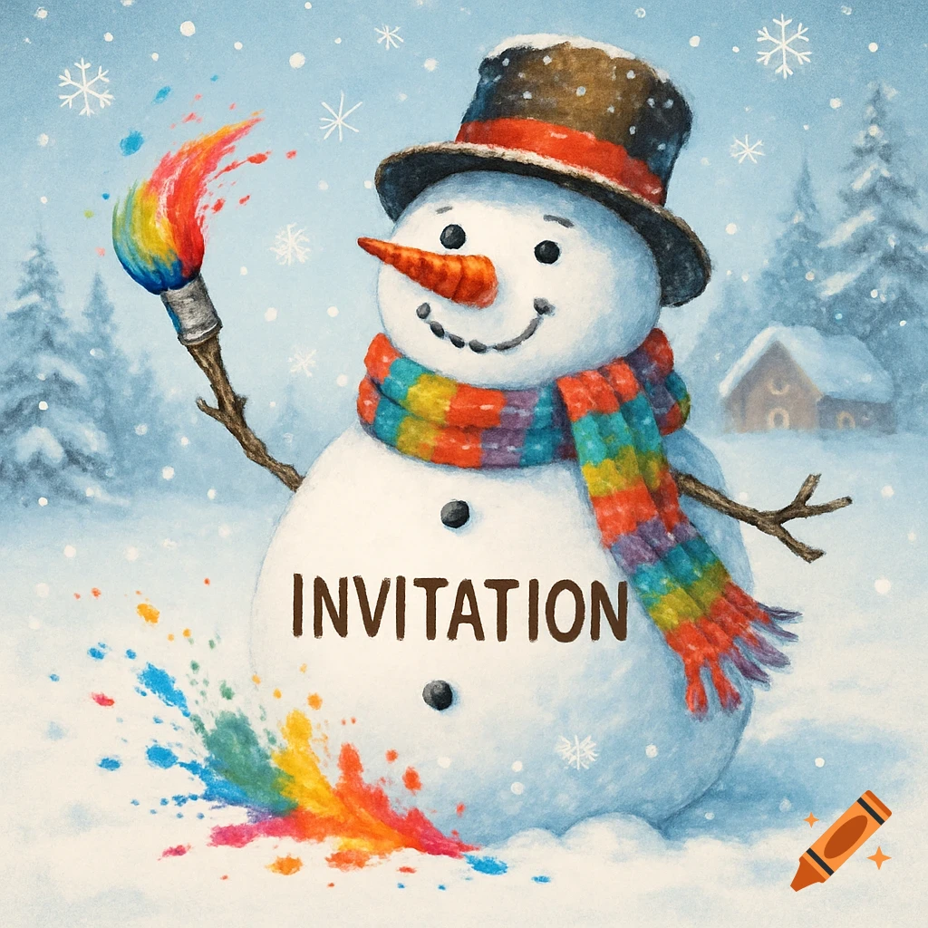 A whimsical snowman with a top hat, rainbow scarf, holding a paintbrush splashing rainbow colors. Text says 'INVITATION'.