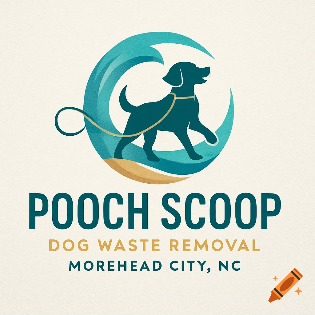 Logo with a teal dog on a leash within a blue wave and golden sand, with text 'POOCH SCOOP DOG WASTE REMOVAL MOREHEAD CITY, NC'.