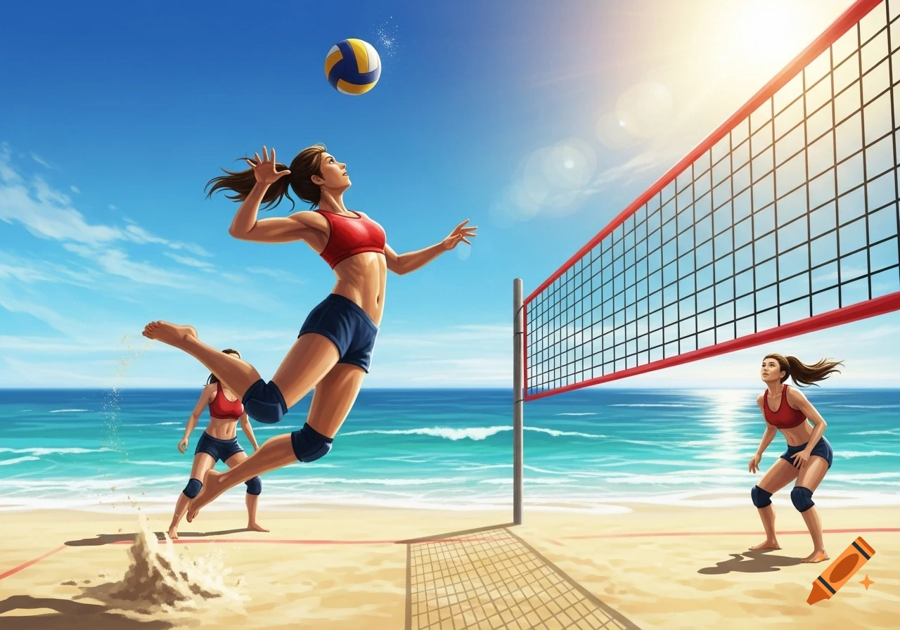 Vibrant illustration of a woman spiking a volleyball over a net on a sunny beach, with teammates and the ocean in the background.
