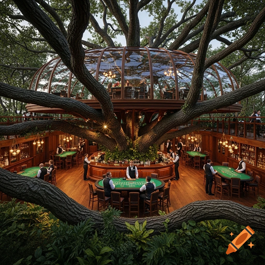 Photorealistic view of an elaborate, multi-level casino integrated into a giant tree, with gambling tables, a bar, and a glass-domed upper level.