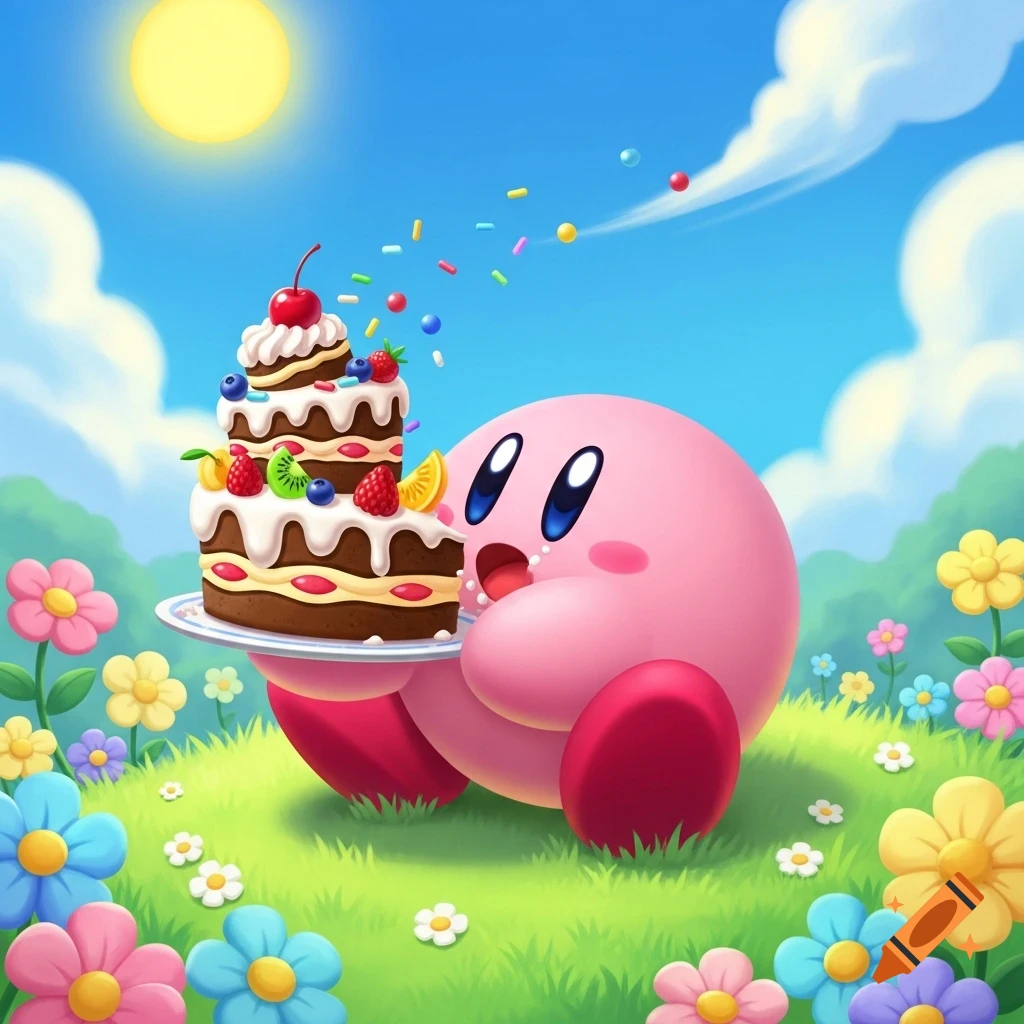 Kirby, the pink cartoon character, holds a tall, fruit-topped cake in a sunny, flowery field with sprinkles flying.