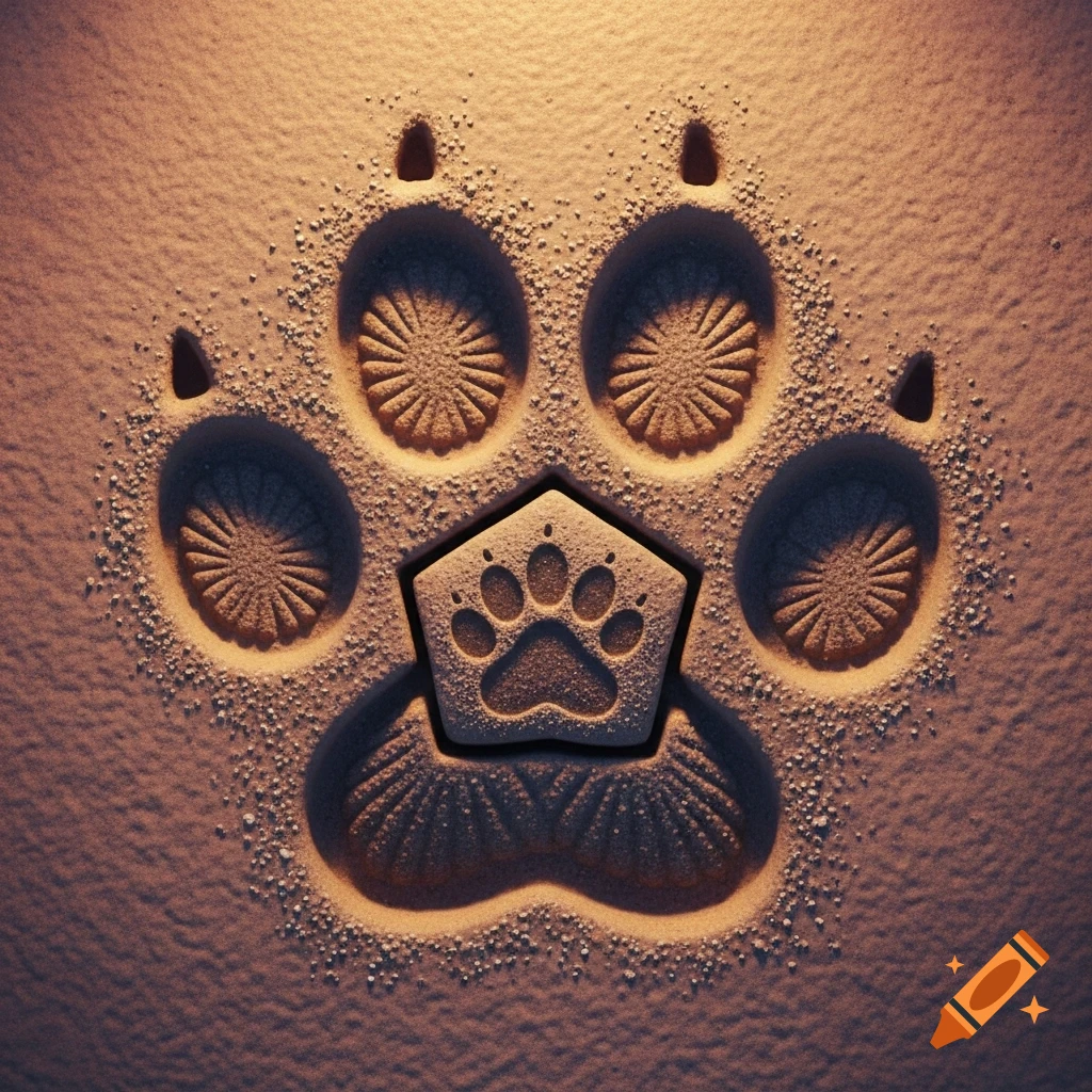 A stylized paw print pressed into sand, with the central pad shaped like a pentagon featuring a smaller paw print within it.