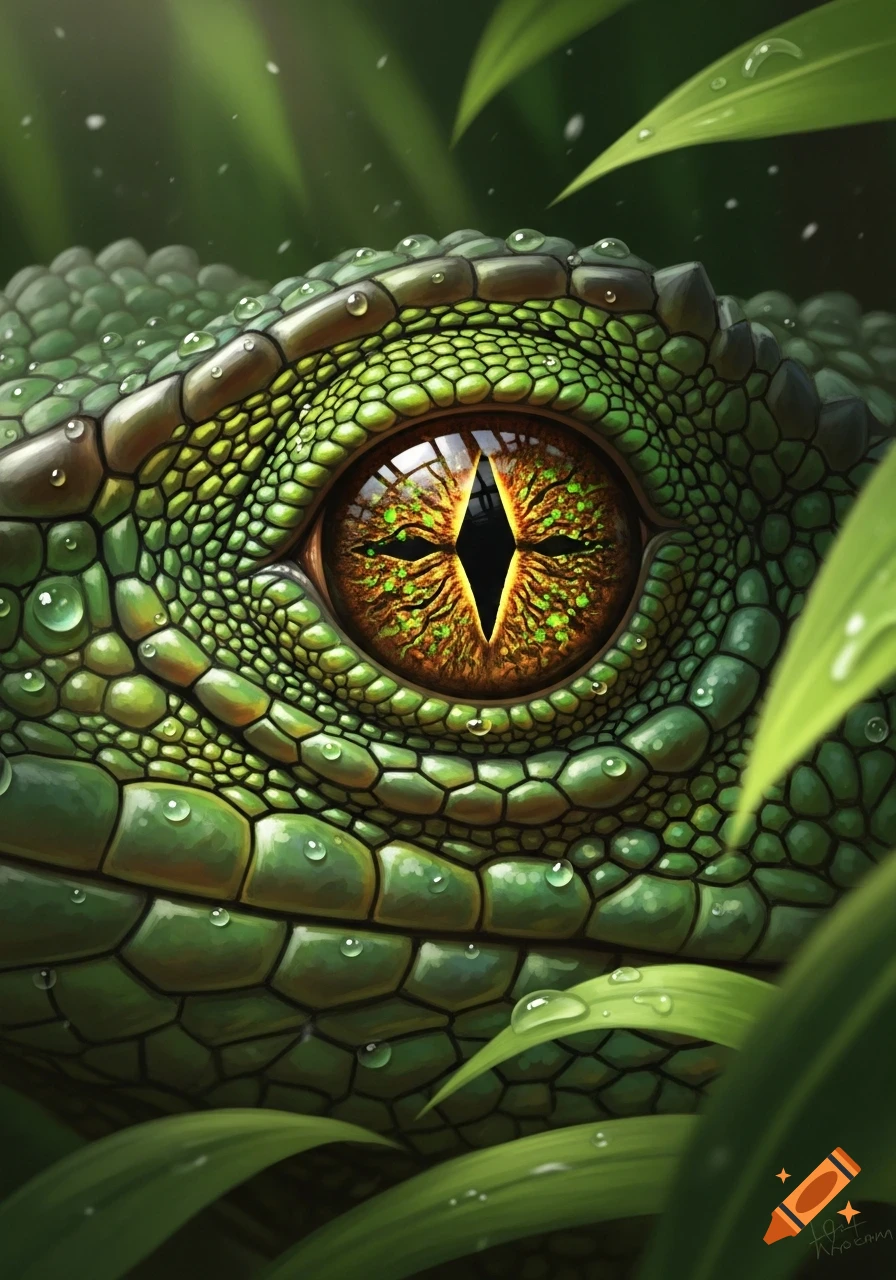 Close-up of a green reptile eye with golden iris and black pupil, covered in water droplets amidst green scales and foliage.