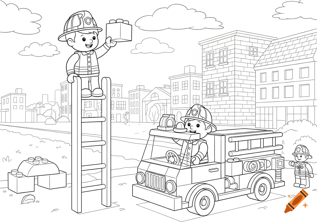 Black and white coloring page of block-style firefighter children playing in a block city, one on a ladder, one in a fire truck.
