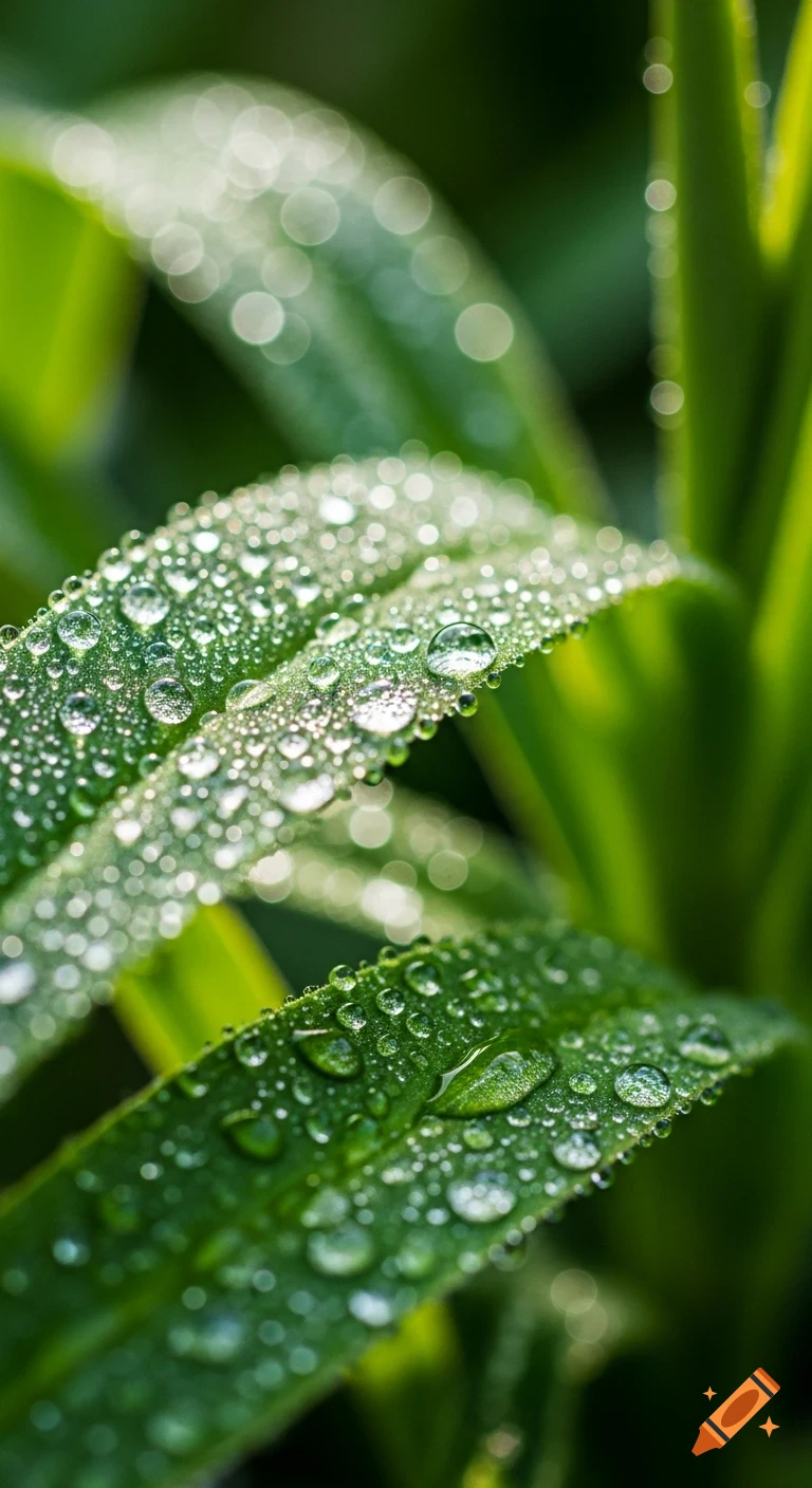 Macro shot of vibrant green leaves covered in glistening morning dew drops with a soft bokeh background.