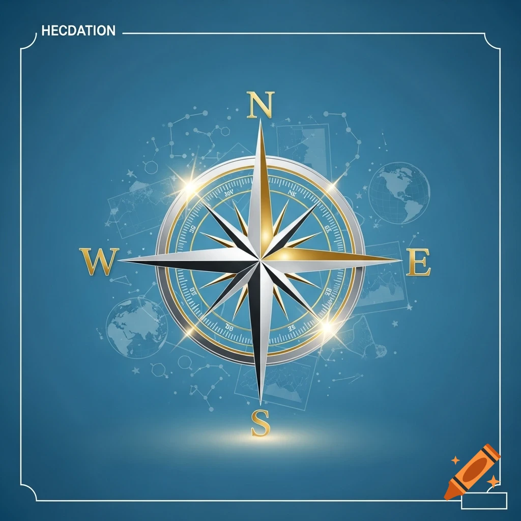 A stylized gold and silver compass rose with N, E, W, S directions, set against a blue background with faint globes and constellations.