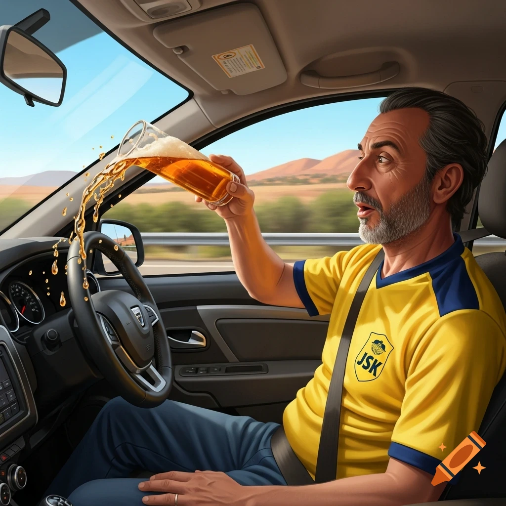 An older man in a yellow JSK jersey is driving a Dacia Duster and spills beer all over the steering wheel and dashboard.