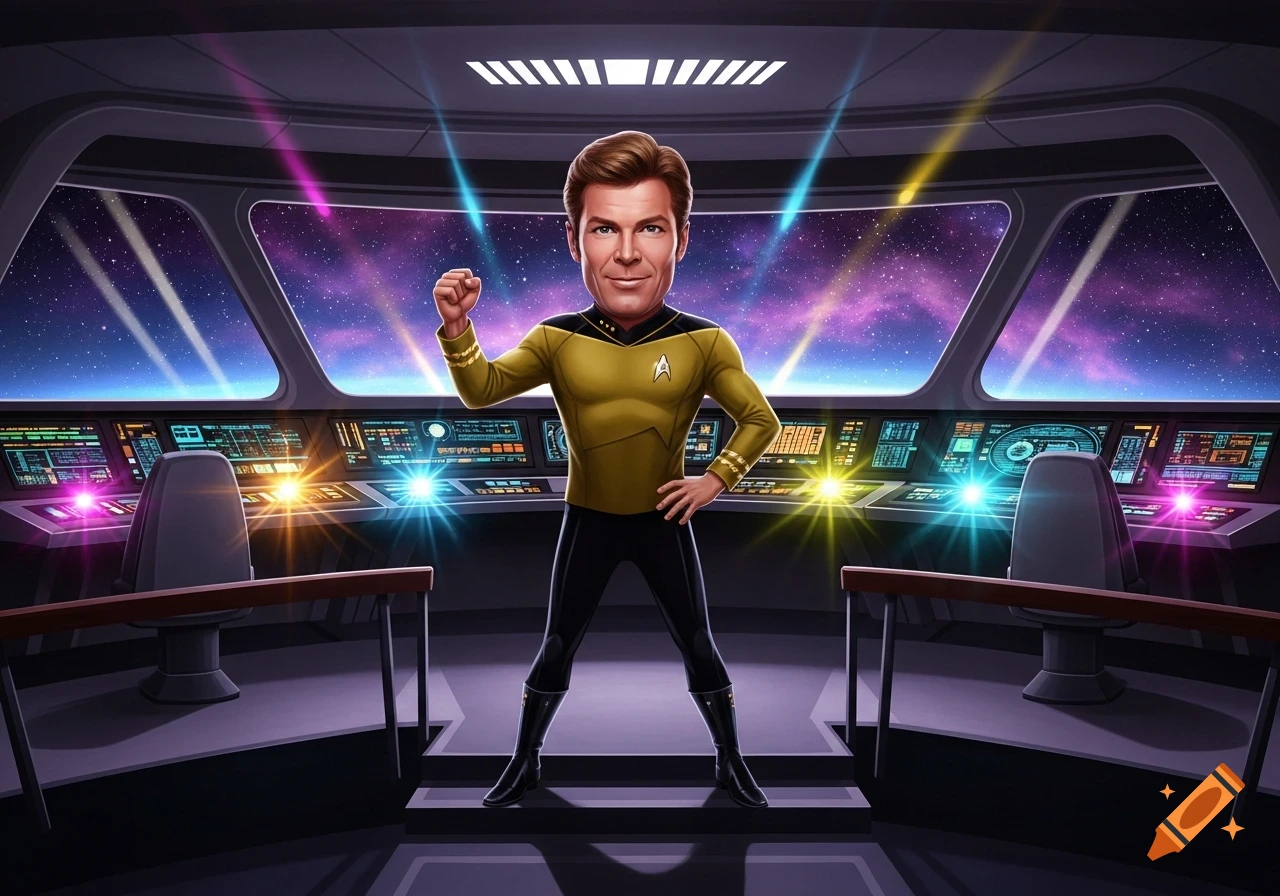 A cartoon caricature of Captain Kirk from Star Trek stands on the bridge of a spaceship, fists clenched, with a starry galaxy visible through the main viewscreen.