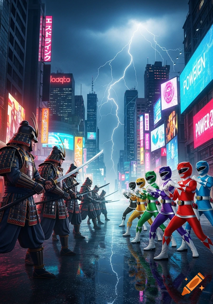 Power Rangers in a standoff against samurai warriors on a neon-lit, wet cyberpunk city street during a lightning storm.