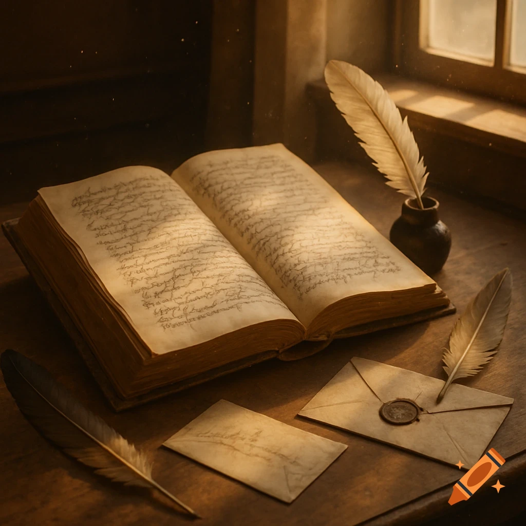 An old open book with illegible text, quills, an inkpot, and sealed letters on a wooden desk, lit by warm light from a window.