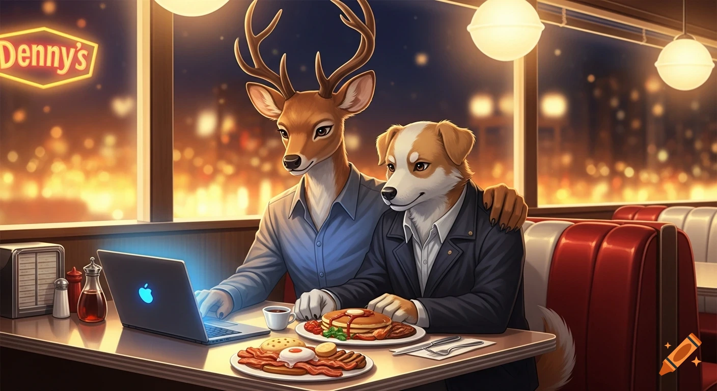 An anthropomorphic deer and dog sit at a Denny's booth at night, looking at a laptop with breakfast plates in front of them, in anime style.