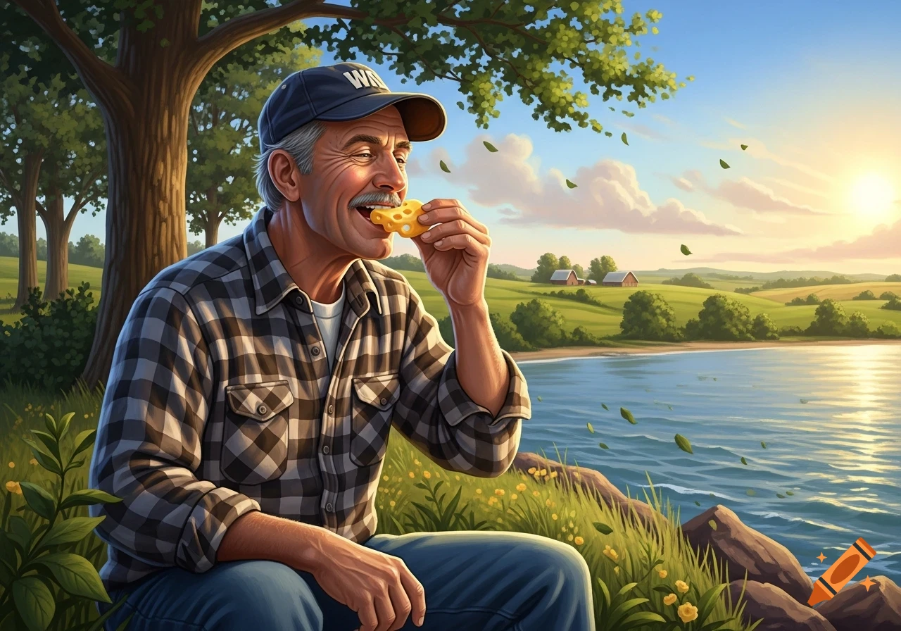 An older man in a plaid shirt and cap sits by a lake, eating cheese. Rolling green hills and trees are in the background under a bright sky, in a painterly style.