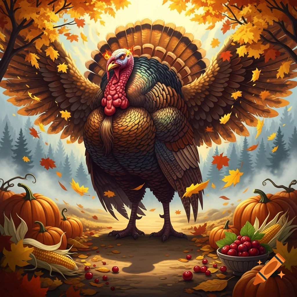 A majestic turkey with outstretched wings stands on an autumn path, surrounded by pumpkins, corn, and falling leaves in a vibrant, stylized illustration.