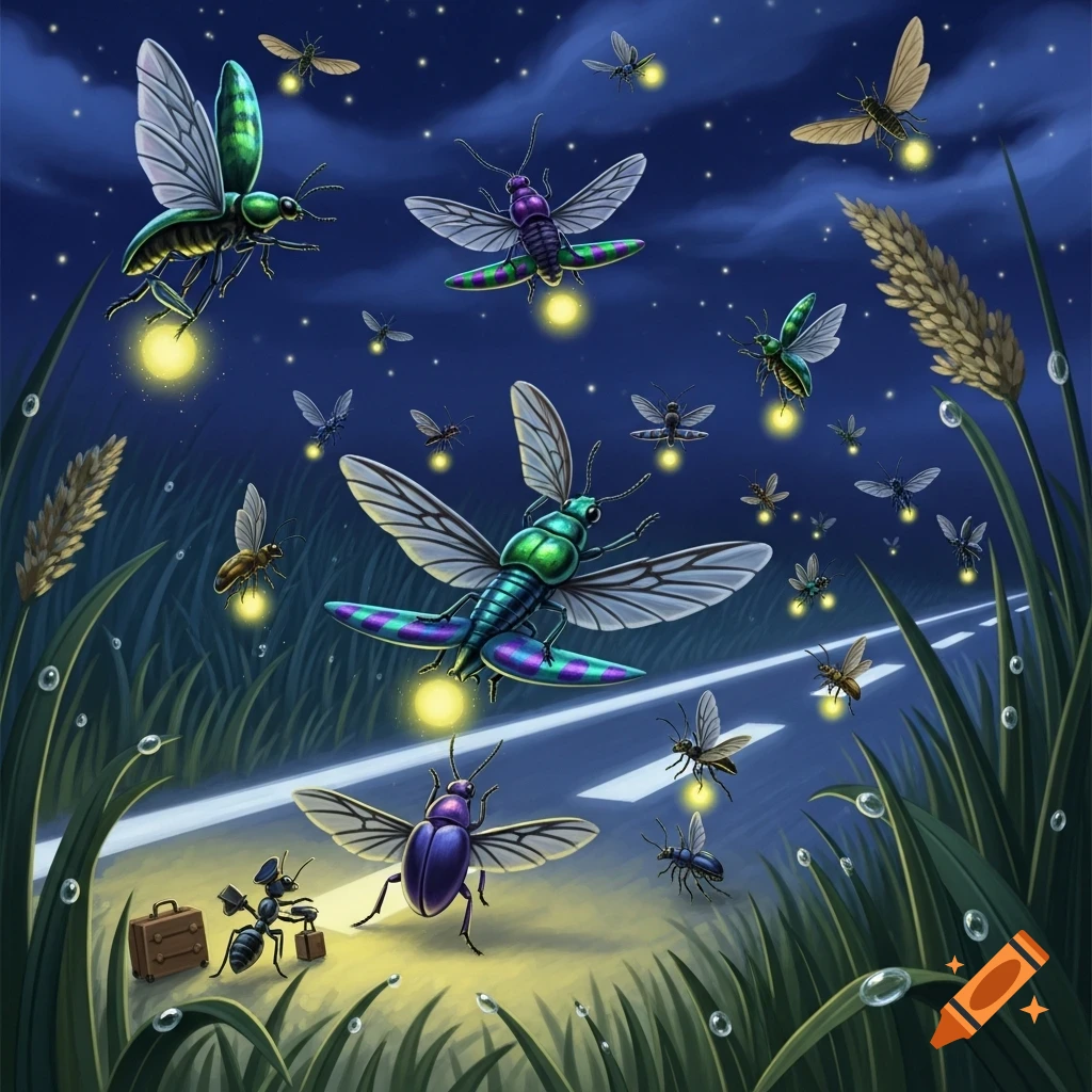 Whimsical illustration of diverse glowing insects flying like airplanes ...