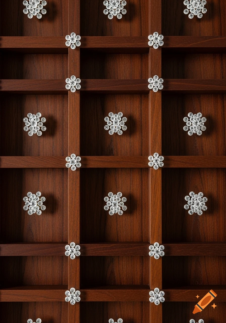Close-up of a dark mahogany wood grid pattern with flower-shaped clear crystal clusters at each intersection.