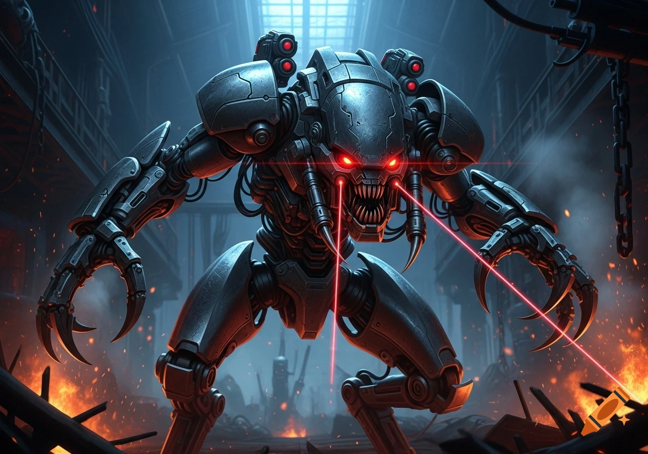A menacing dark grey robot with glowing red eyes, sharp teeth, and claws, firing red lasers in a dark, fiery industrial setting.