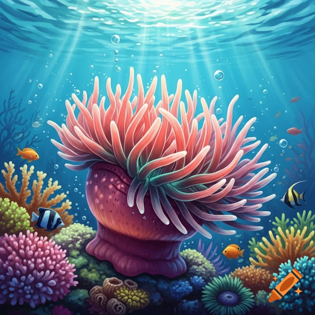 Vibrant illustration of a pink sea anemone surrounded by colorful coral and small fish in clear blue water with sun rays.