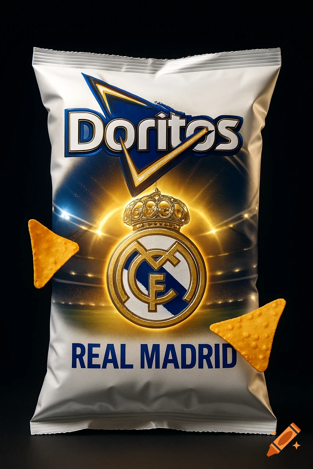 White Doritos chip bag with Real Madrid logo, golden glowing stadium background, and two tortilla chips.