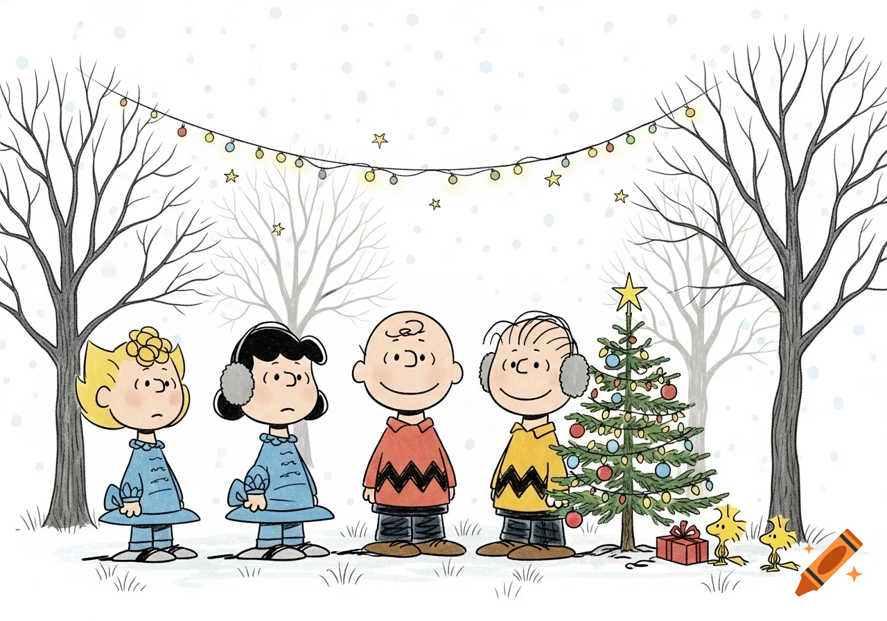 The Peanuts gang, including Charlie Brown, Sally, Lucy, Linus, and  Woodstocks, celebrates Christmas in a snowy landscape. on Craiyon, image size:1280x896