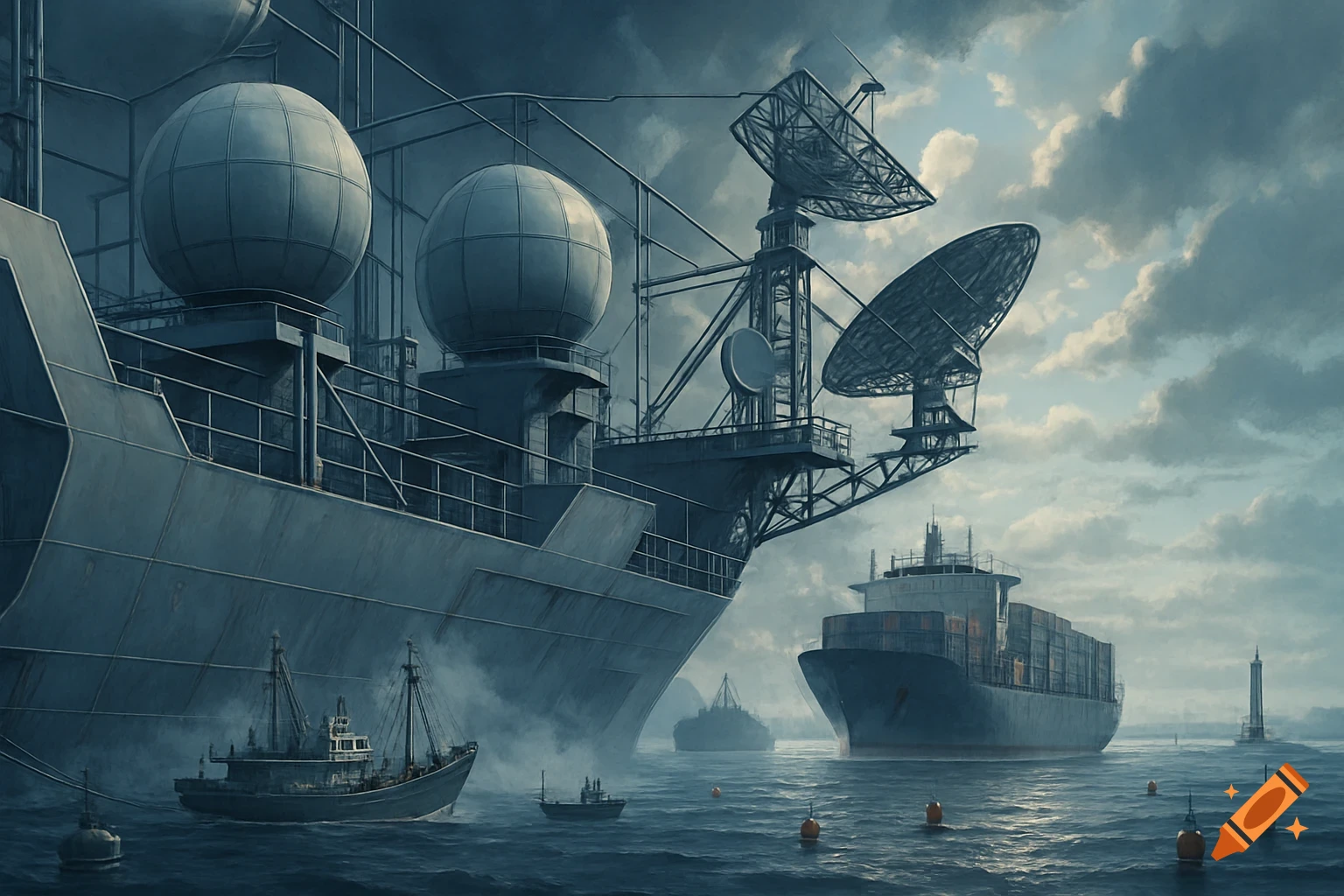 A large grey ship with radar domes and satellite dishes, accompanied by smaller vessels and a container ship on a choppy sea under a cloudy sky.