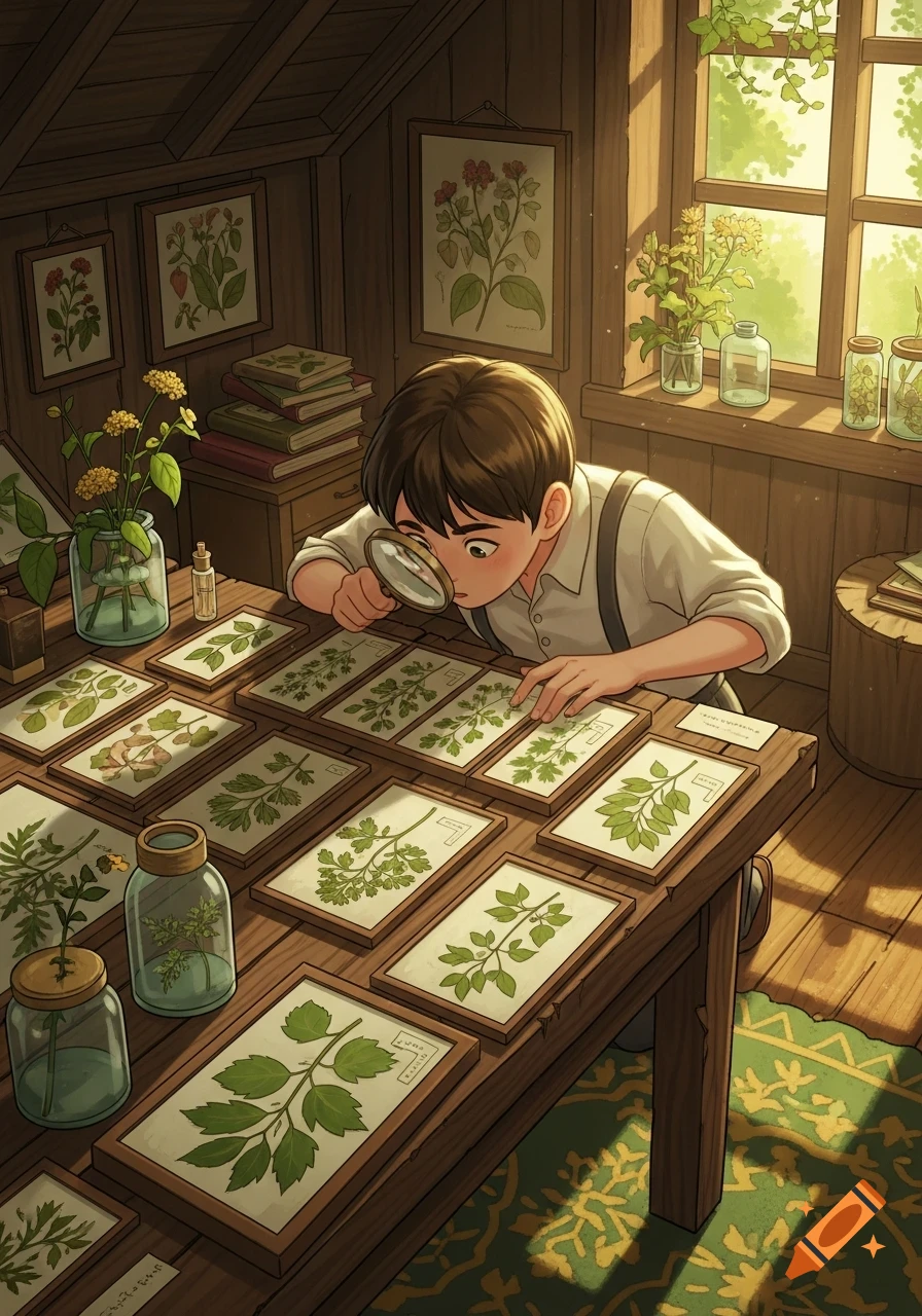 Anime boy with magnifying glass studying pressed plant specimens on a wooden table in a sunlit room with botanical art.