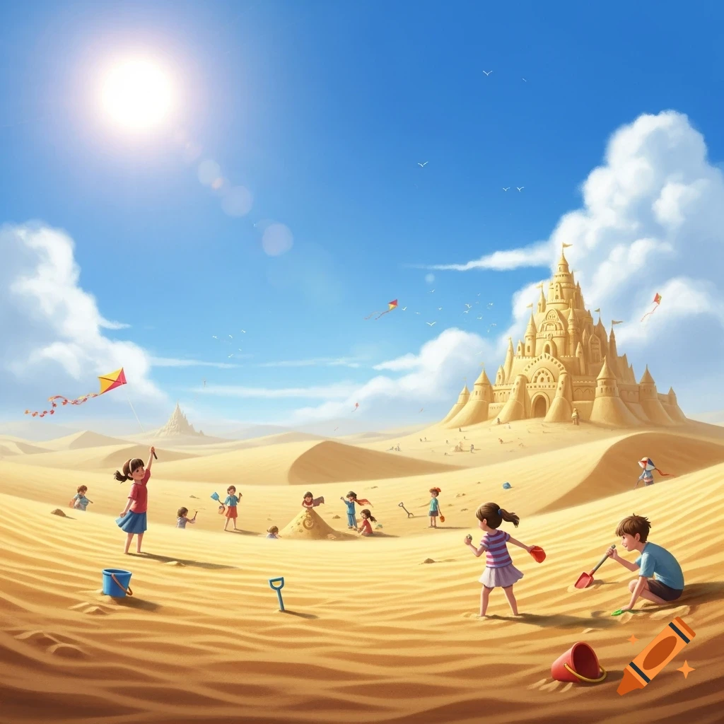 Cartoon children play in a vast sandy desert with buckets and shovels, building a massive sandcastle under a bright sun.