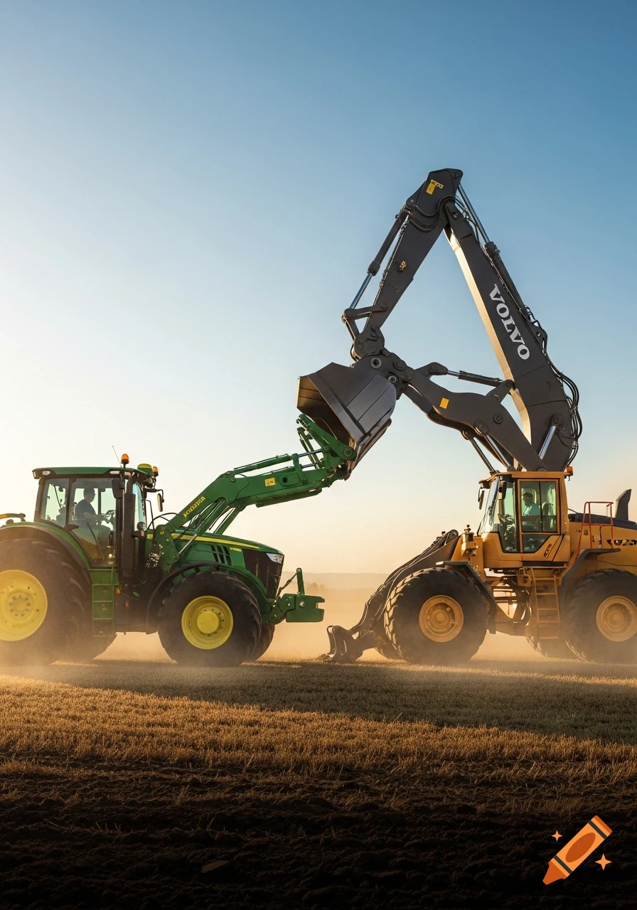 A green John Deere tractor faces a yellow Volvo excavator with its bucket raised in a dusty field under a clear sky.