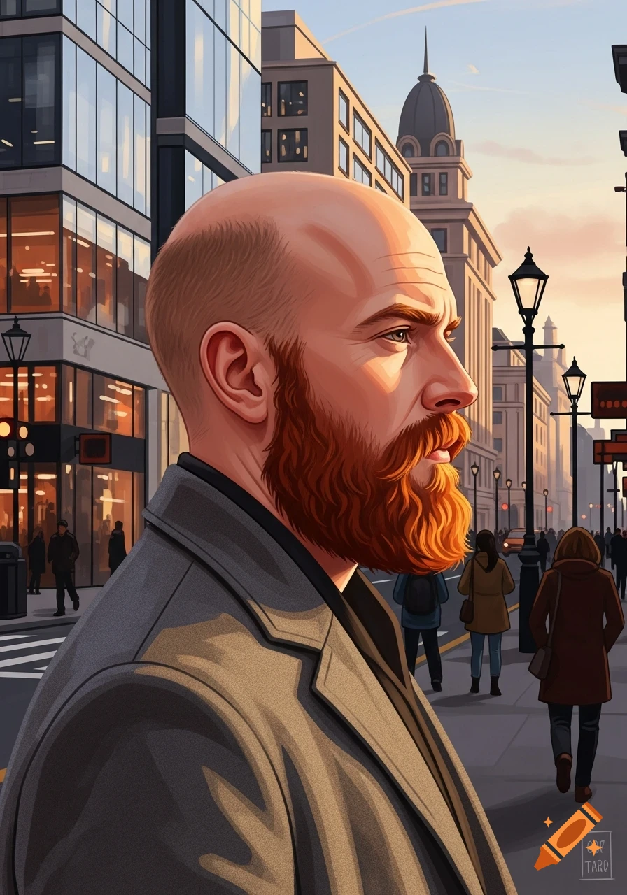 A bald man with a ginger beard looks right while standing on a city street at sunset, stylized art.