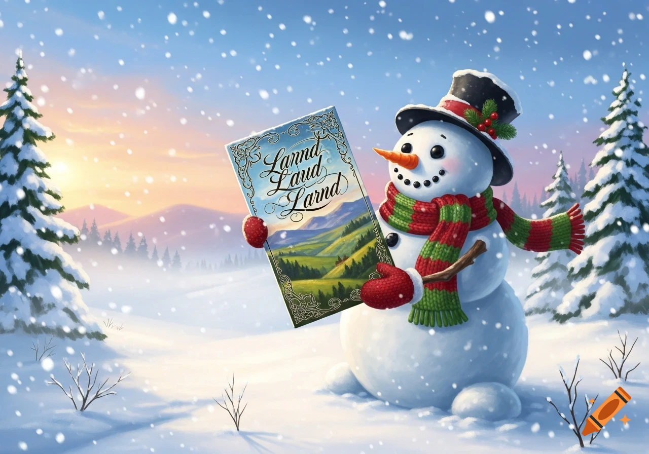 A happy snowman in a top hat and striped scarf holds a book with illegible text in a snowy winter landscape with pine trees and falling snow.