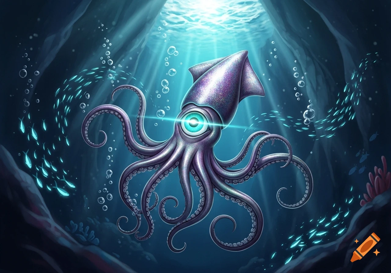 A stylized one-eyed squid monster with a glowing eye and tentacles swims in a deep blue underwater scene with light rays, bubbles, and schools of fish.