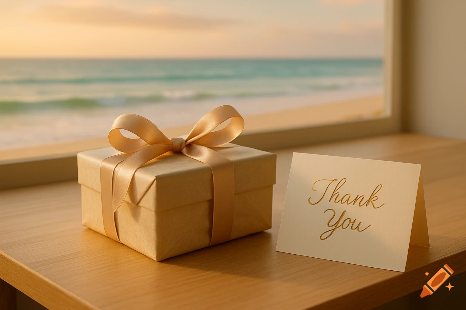 A photorealistic image of a gift box and a 'Thank You' card on a desk overlooking a soft-focus beach at sunset.