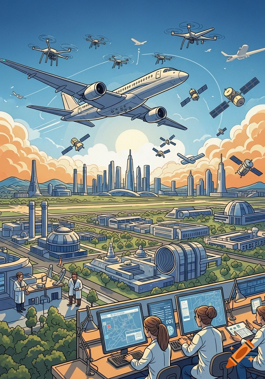 Cartoon illustration of a futuristic city with an airplane, drones, and satellites in the sky, and scientists in a control room.