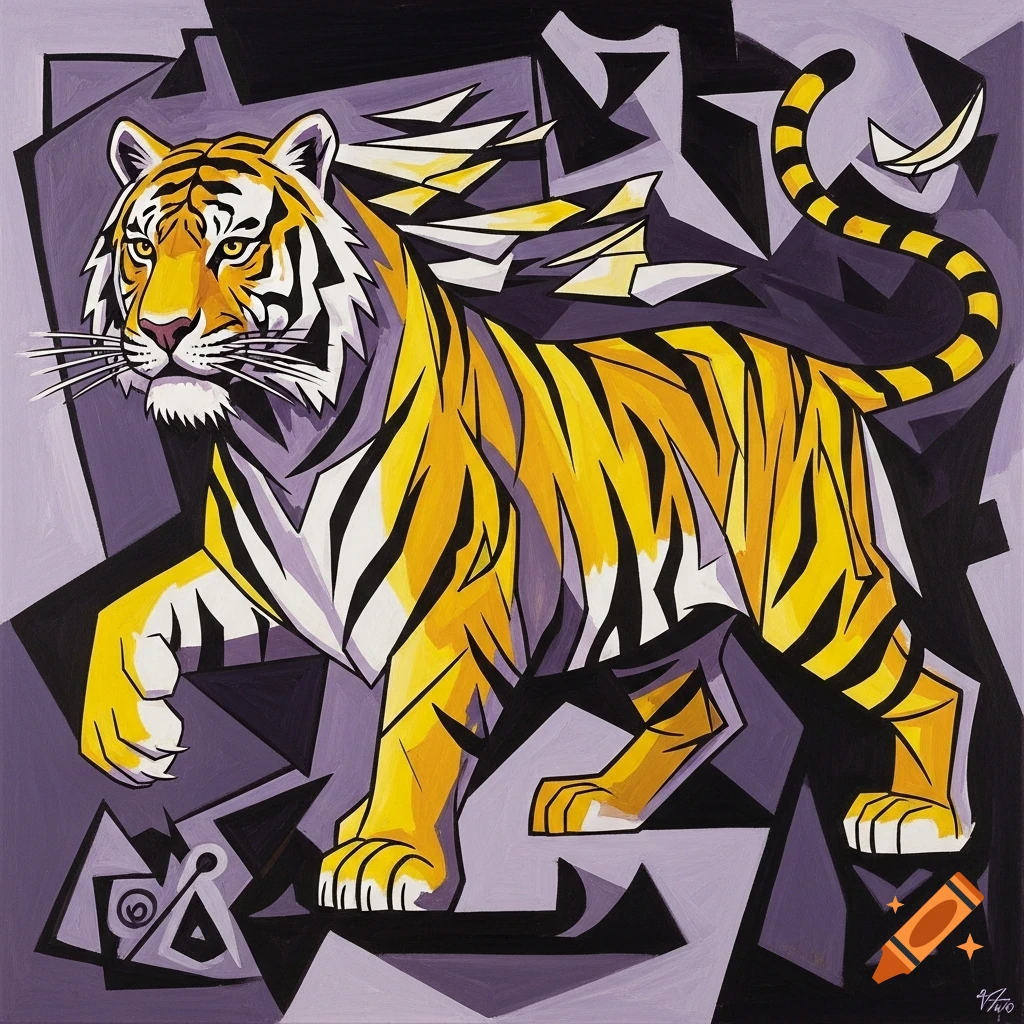 An abstract cubist painting of a yellow and white tiger with black stripes, walking amidst geometric purple and black shapes.