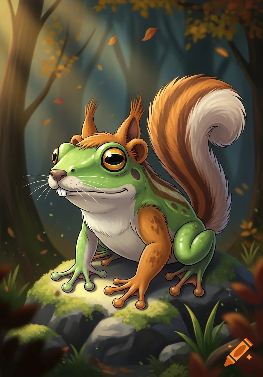 Cartoon frog-squirrel hybrid creature with big eyes, squirrel ears, and ...
