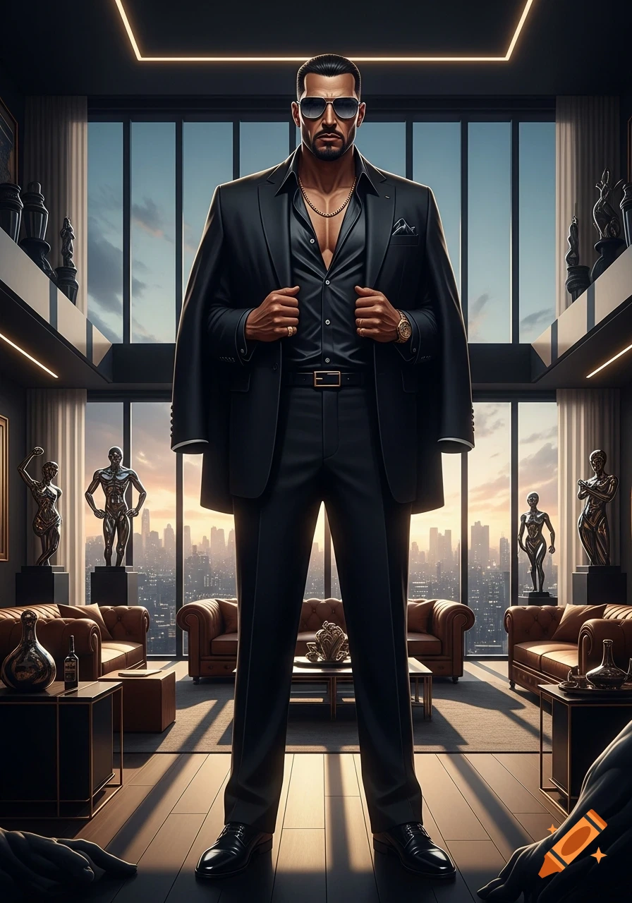A confident man in a black suit and sunglasses stands in a luxurious ...