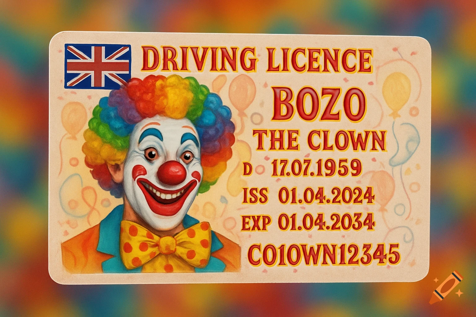 A UK driving license featuring a smiling clown with rainbow hair as the photo. The license details show 'Bozo the Clown' with plausible dates.