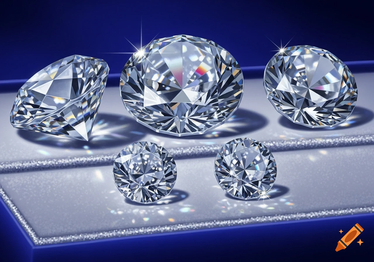 Five sparkling, faceted diamonds on a light blue glittery surface with a dark blue background.
