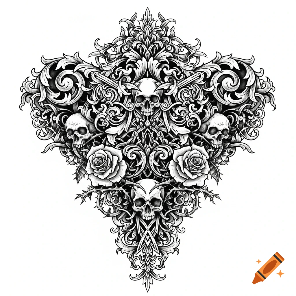 Black and white gothic tattoo design featuring ornate filigree, four skulls, and two roses, on a white background.