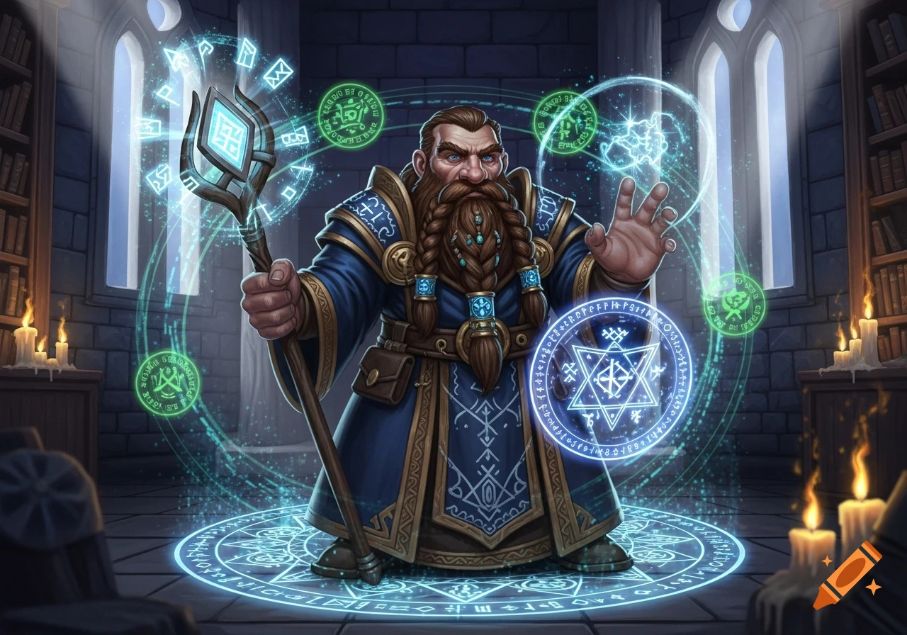 A bearded dwarf wizard in blue robes holds a glowing staff and casts spells, surrounded by floating magical runes in a stone library.
