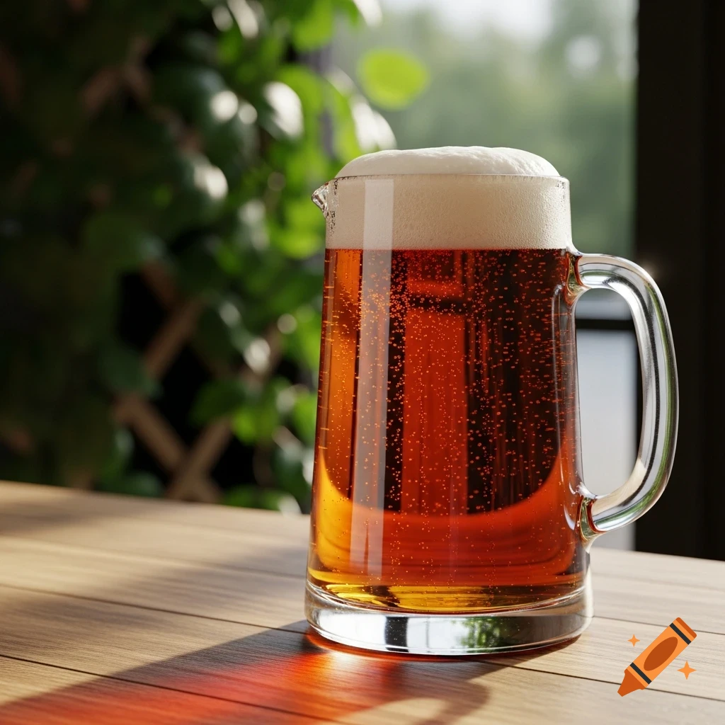 A photorealistic jug of amber beer with a foamy head, filled with bubbles, sits on a sunlit wooden table with blurred green foliage.