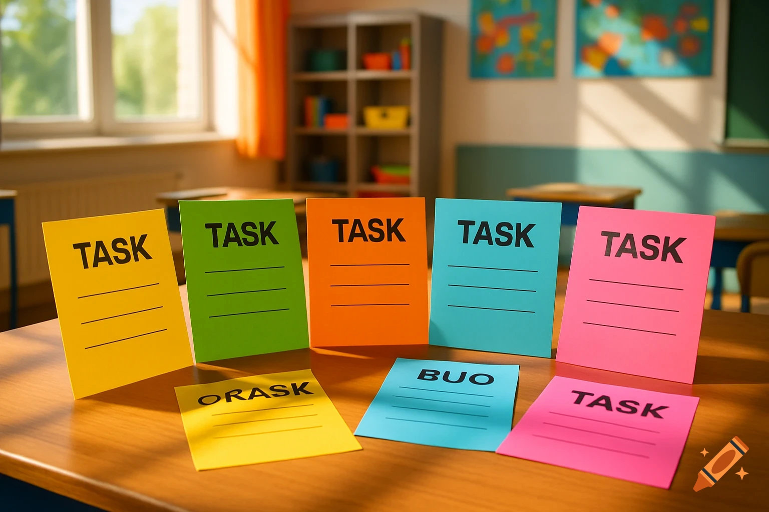 Colorful task sheets, some labeled "TASK" and others with gibberish, arranged on a wooden desk in a sunny classroom.