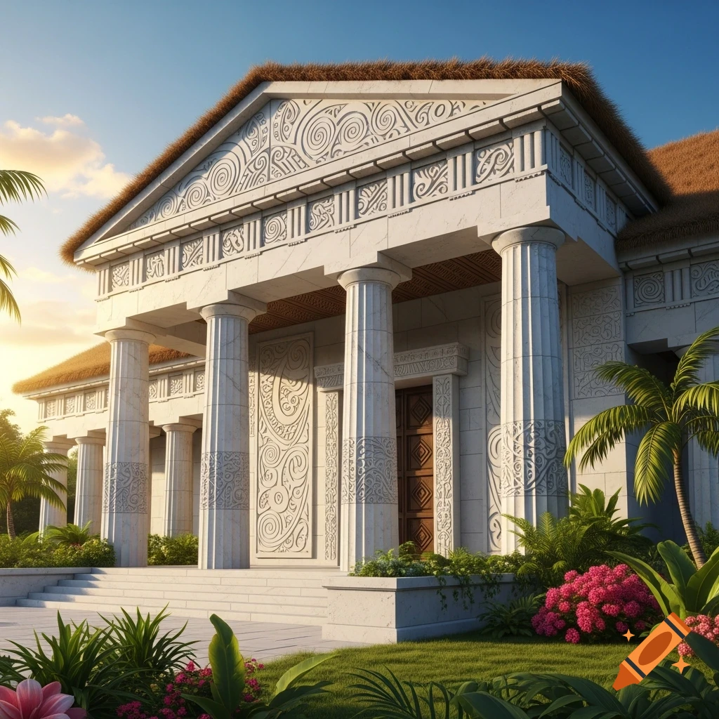 Grand white stone building with columns, intricate patterns, and a thatched roof in a lush tropical garden.