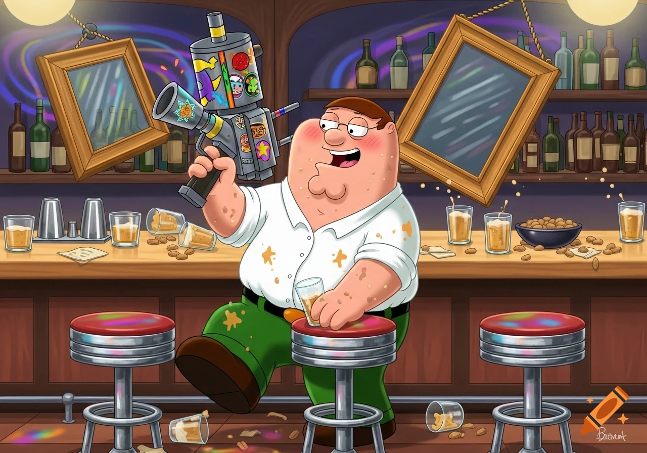 Drunk Peter Griffin in a cartoon bar, holding a bizarre weapon, with spilled drinks and peanuts around him.