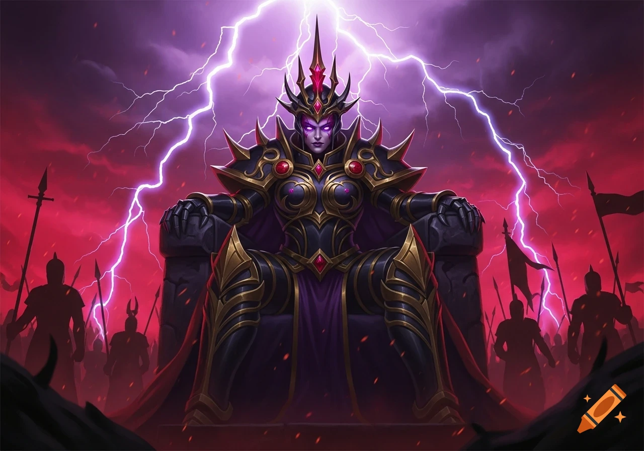 A dark fantasy queen in elaborate black and gold armor sits on a stone throne, an army of silhouetted soldiers behind her under a stormy purple sky with bright lightning.
