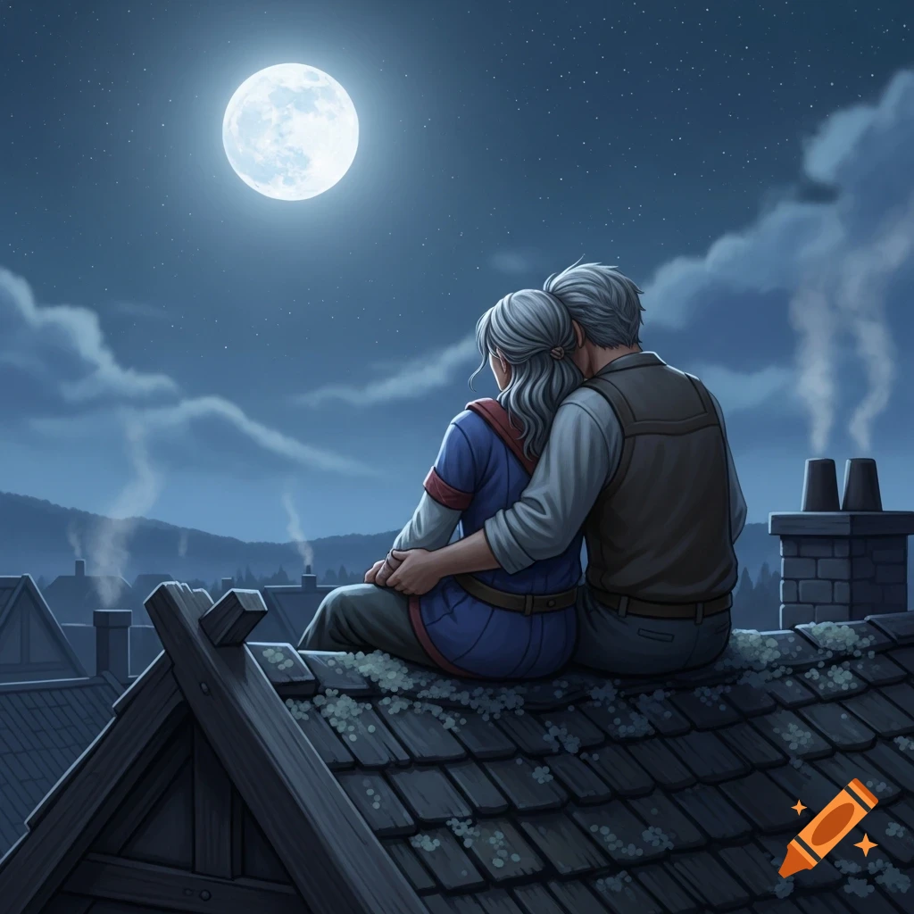 An embracing couple with gray hair sits on a rooftop, looking at a bright full moon over a village at night, in an illustration.