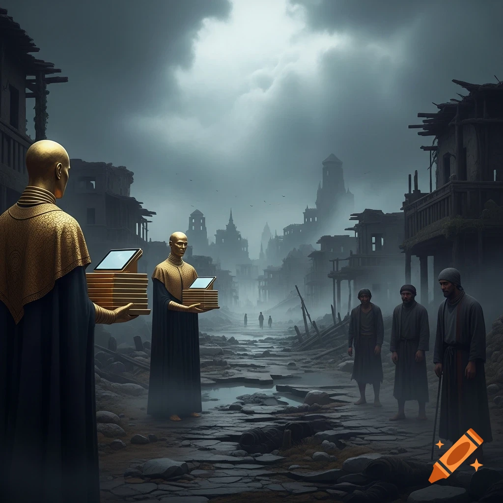 Two golden figures in a dark, gloomy, destroyed village exchange tablets while three human figures watch.